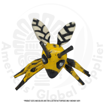 Handcrafted wooden bee figurine painted in yellow, black, and white, inspired by traditional Guatemalan folk art and displayed on a white background.